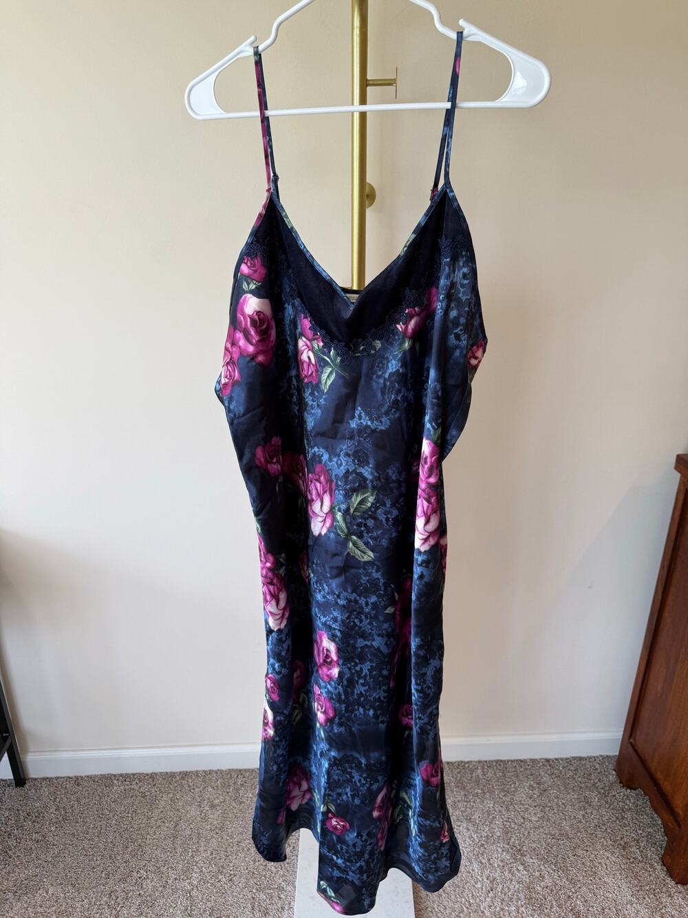 Secret Treasures Slip Dress Women 1X Blue Pink Floral Lace Trim Adjustable Strap